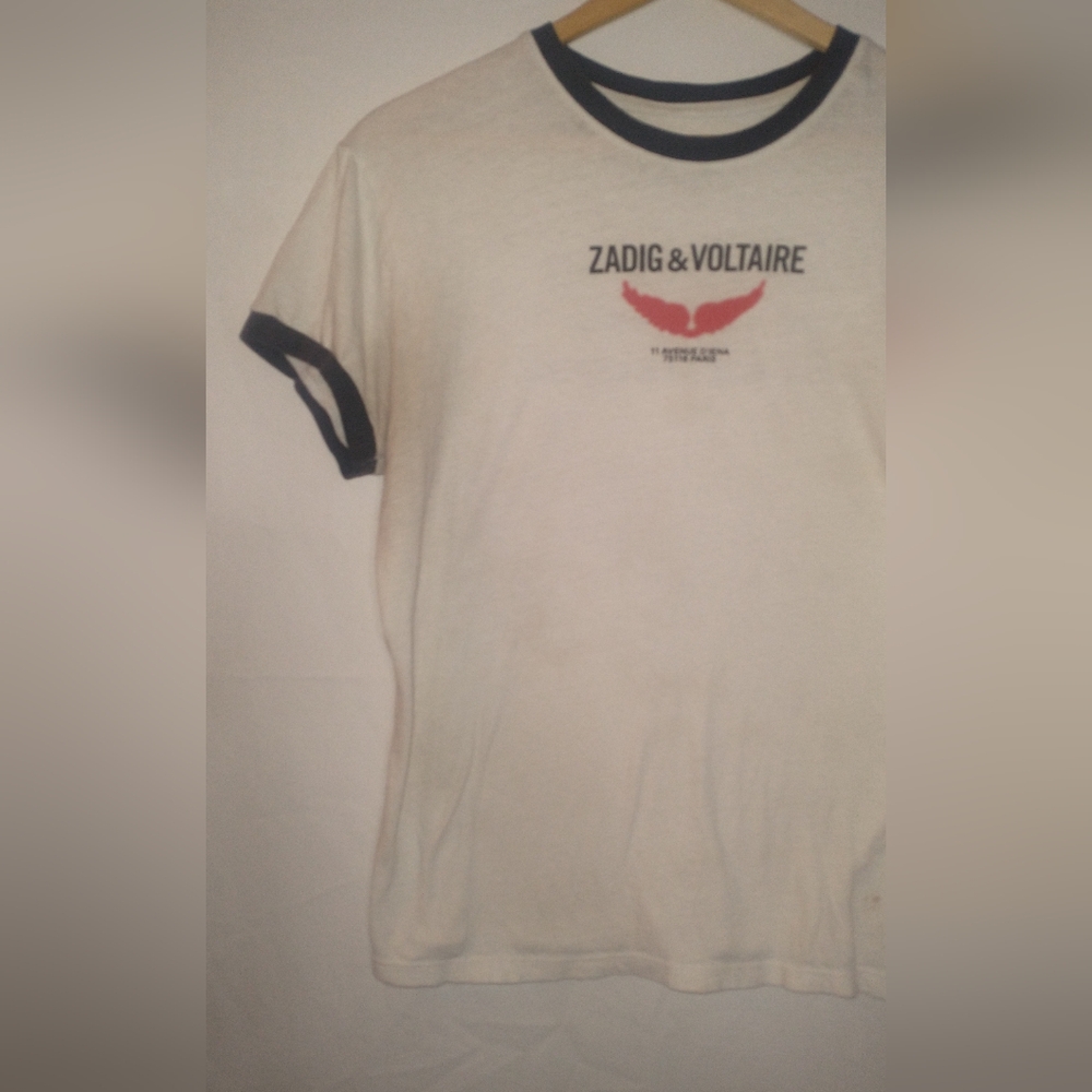 Zadig & Voltaire White Tee with Black Trim and Red Wing Motif Size Large - Picture 2 of 6